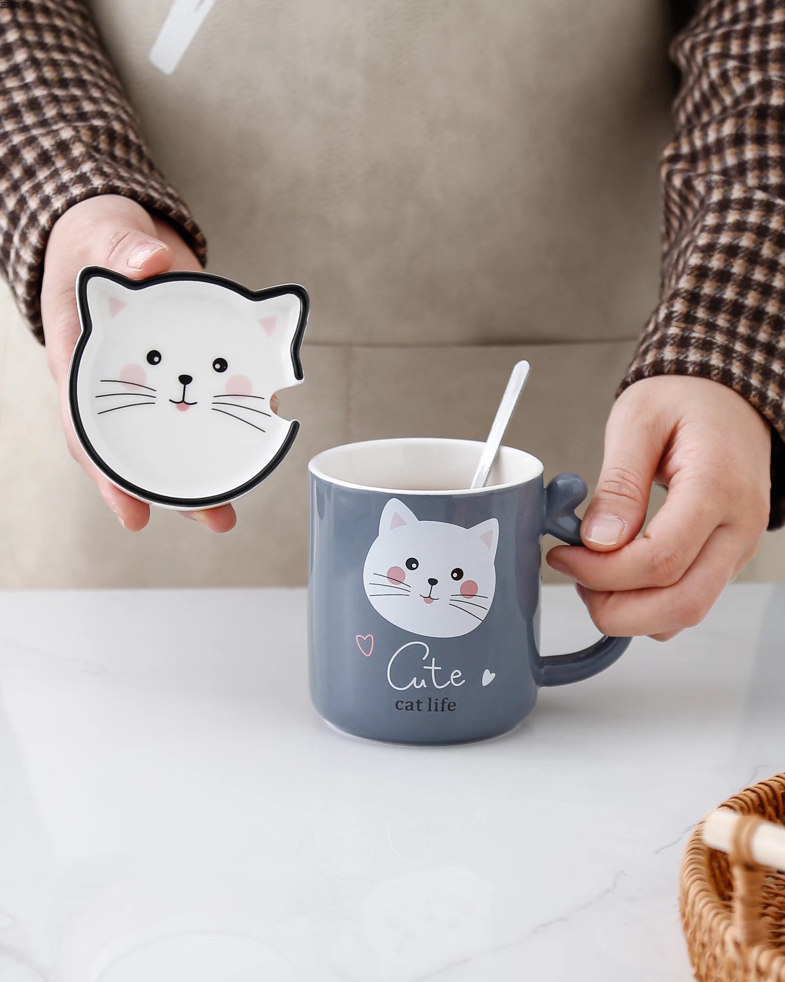 可爱小猫陶瓷杯创意咖啡杯色釉马克杯礼品水杯详情7
