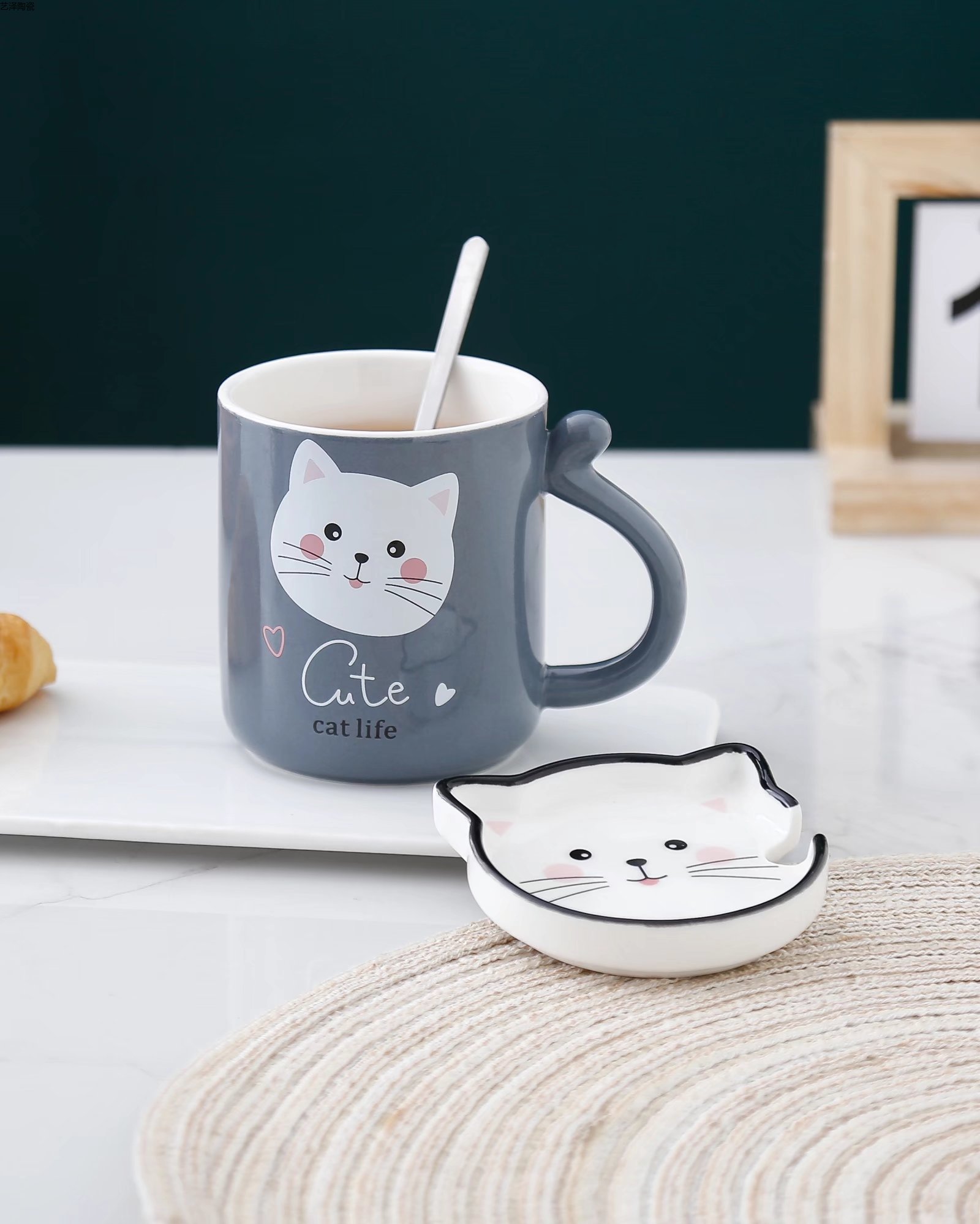 Cute kitten ceramic cup, creative coffee cup, colored glaze mug, gift water cup pic 4