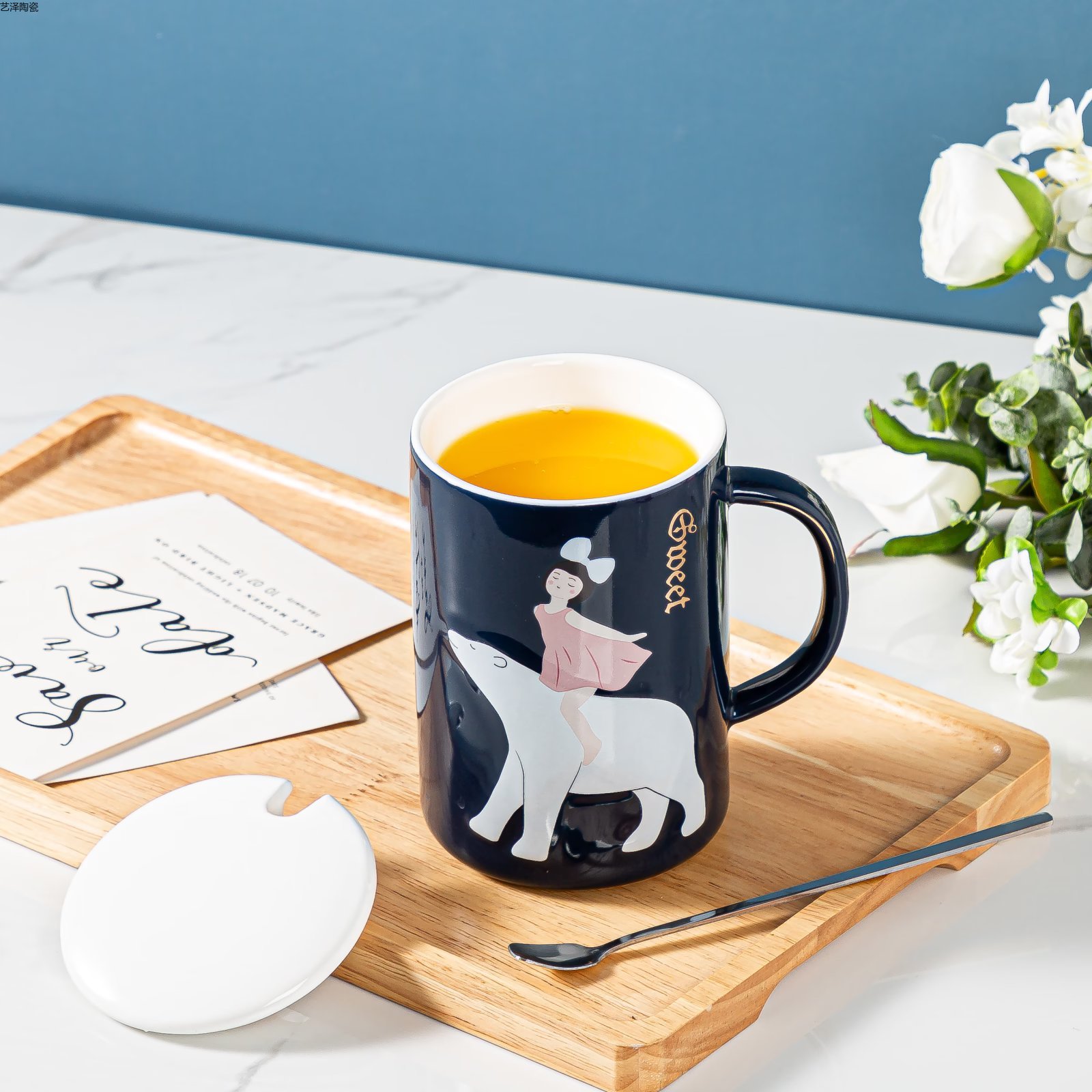 创意陶瓷杯北极熊咖啡杯色釉水杯带盖勺杯子详情6