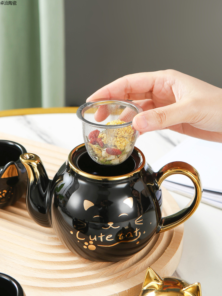 Cute and Fun Gilded Cartoon Ceramic Flower Tea set 1 pot 2 cups Living Room Cat Cup Afternoon Tea Set Gift Set Ceramic Cup Zhuoqia 010 pic 2