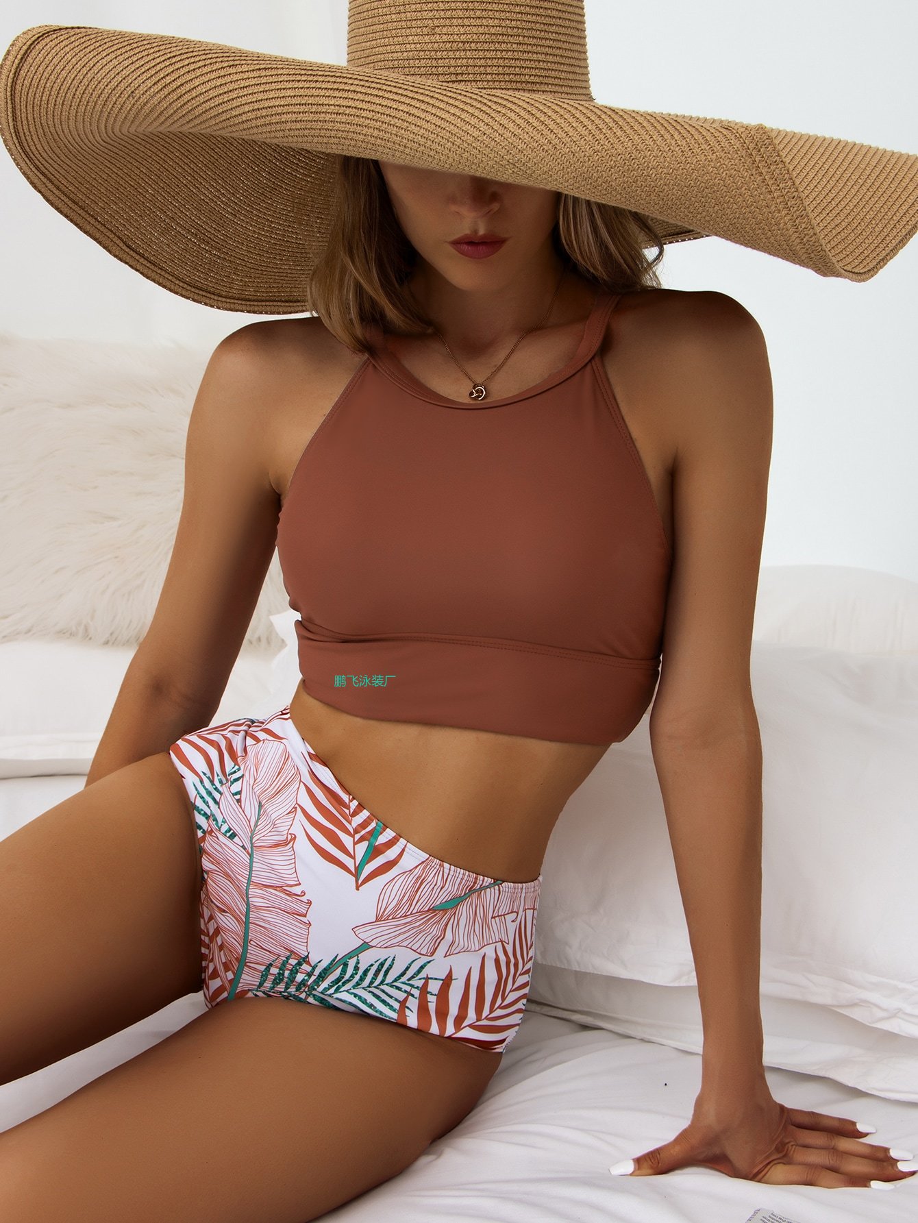 2022新款欧美外贸分体泳衣女外单bikini性感印花耐穿泳装跨境亚马逊游泳衣厂家批发比基尼高腰详情2