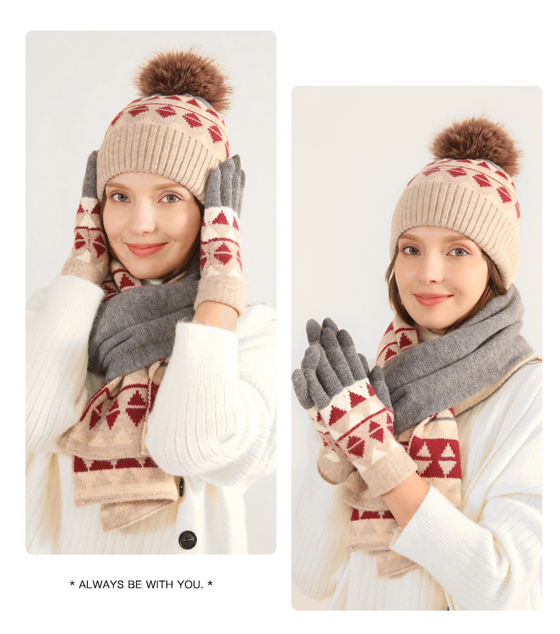 冬季新品日系针织手套围巾帽子三件套羊毛保暖防寒毛球围巾三件套详情14
