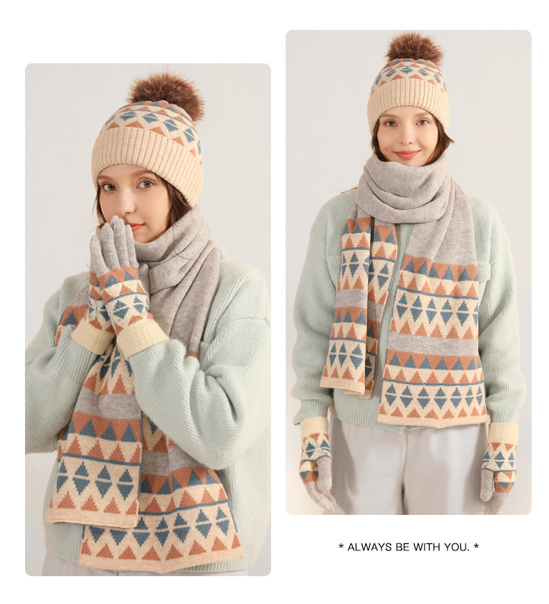 冬季新品日系针织手套围巾帽子三件套羊毛保暖防寒毛球围巾三件套详情12