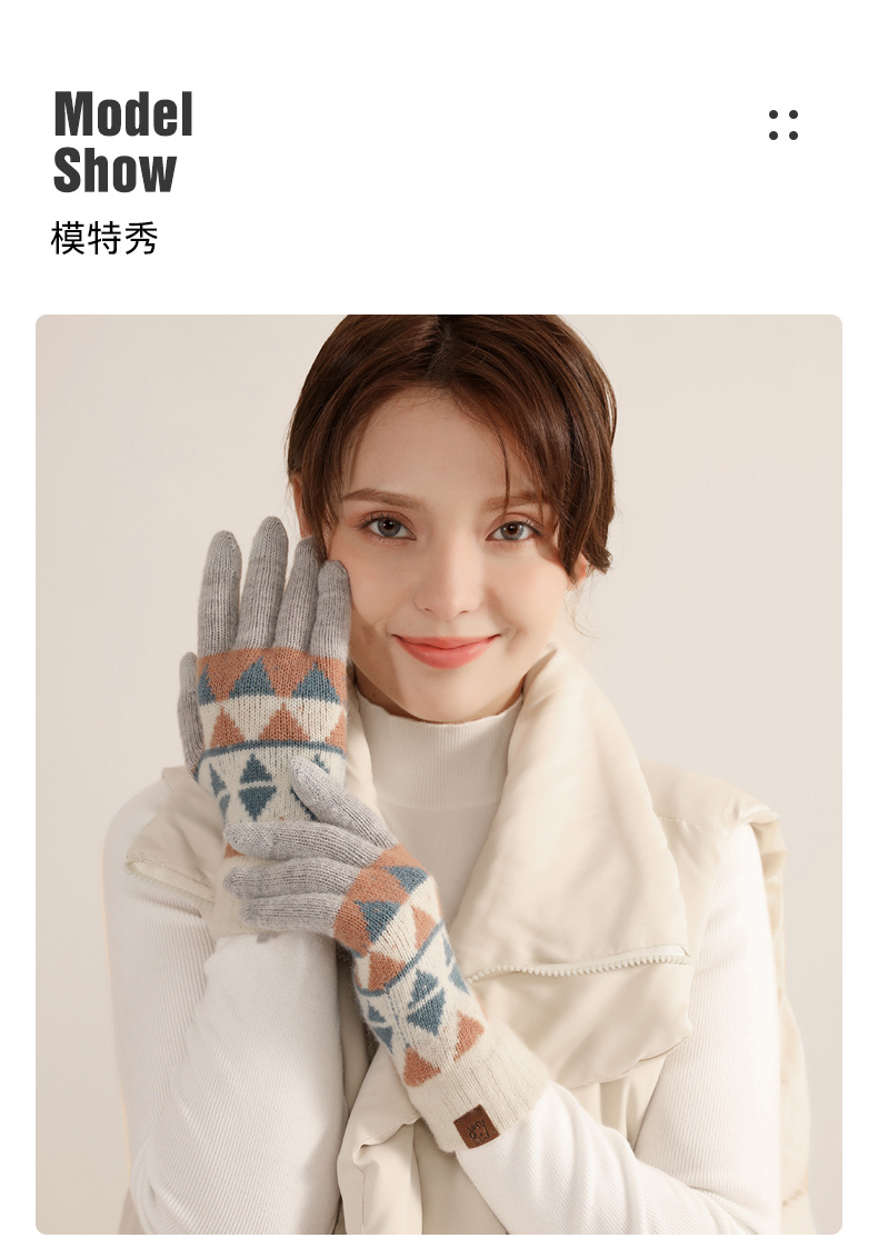 日系针织手套女冬季保暖全指手套加绒加厚骑行毛线触屏手套详情12