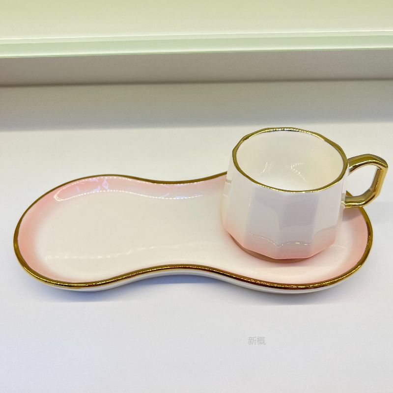 Cross-border European-style electroplated ceramic coffee 6-cup 6-plate set with gradient color macarons, exported from Saudi Arabia, household ceramic cup and plate gifts, daily necessities Specification image