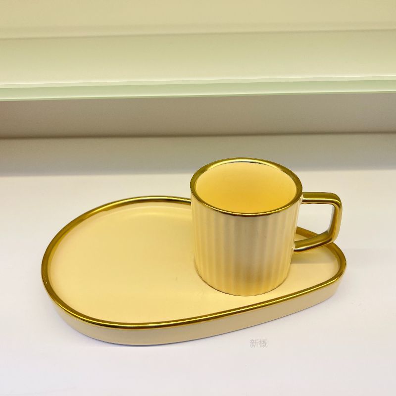 沙特阿拉伯陶瓷6杯6碟 哑光釉面铜粉画金纯色陶瓷杯碟套装 跨境中东直筒创意瓷器咖啡杯碟套装               