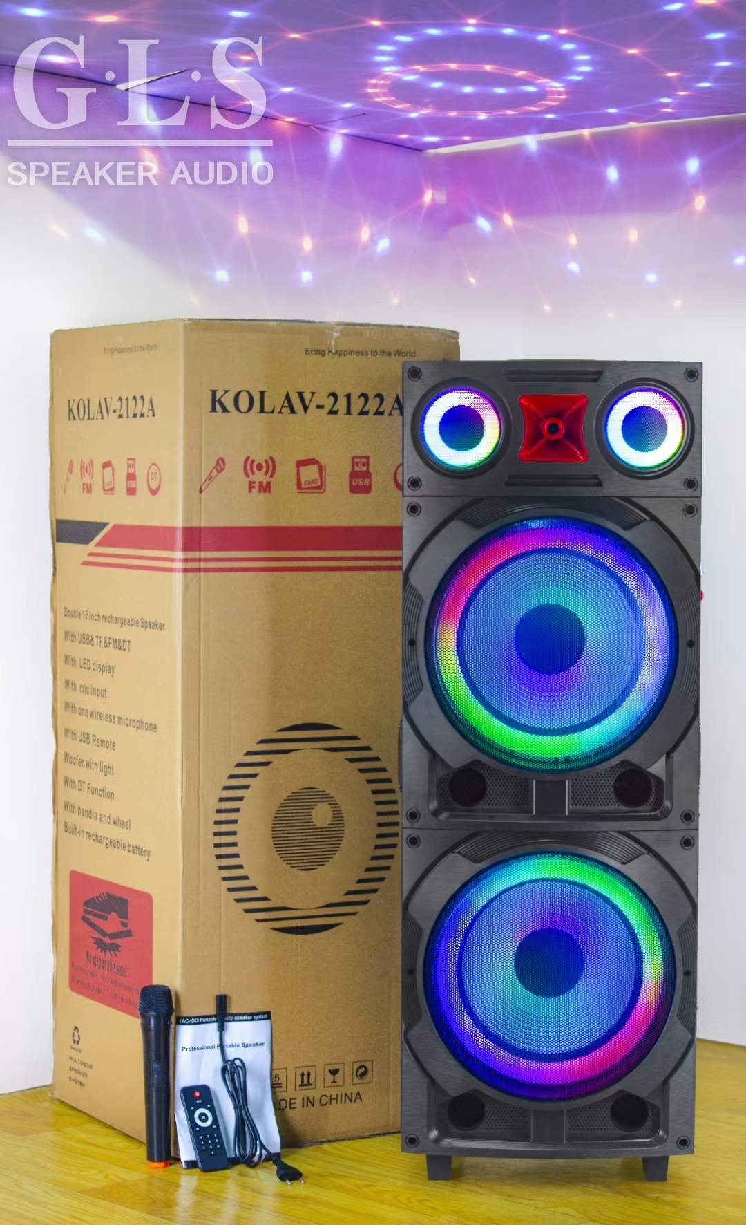 KOLAV-2122A双12寸彩灯系列便携式音箱蓝牙无线音响收音机无线麦克风
