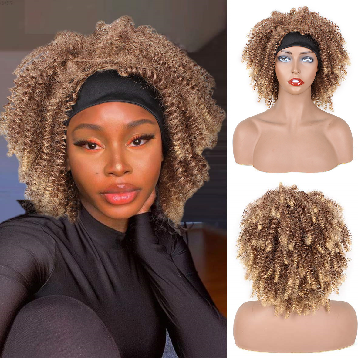 假发 欧美假发女冰丝发带小卷发短款headband short curly wig详情11