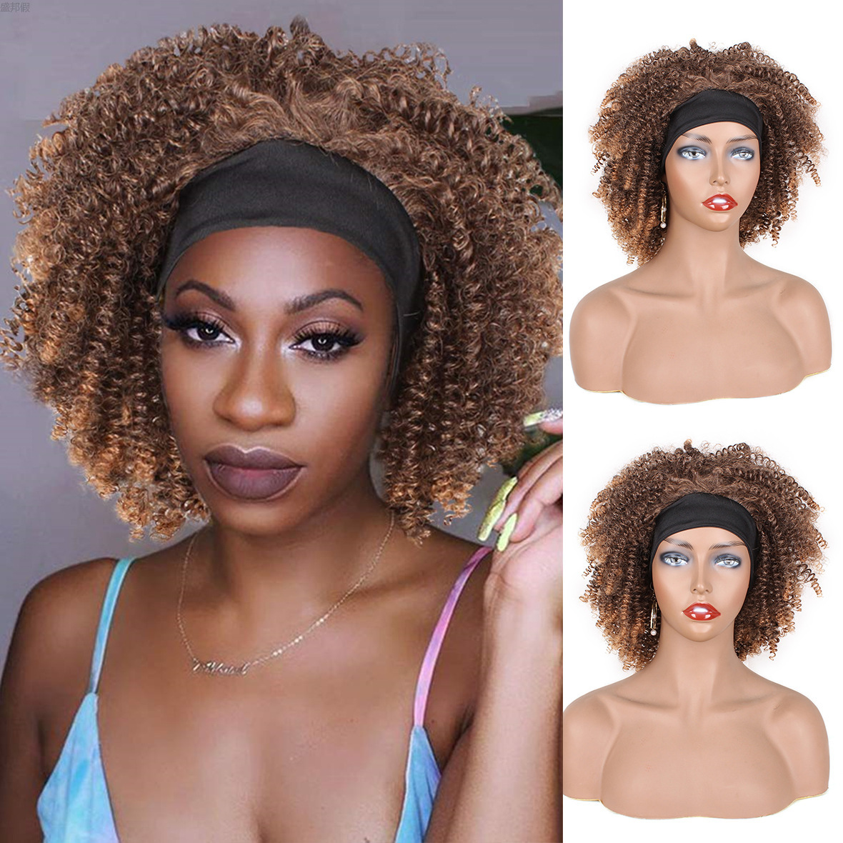 假发 欧美假发女冰丝发带小卷发短款headband short curly wig详情8