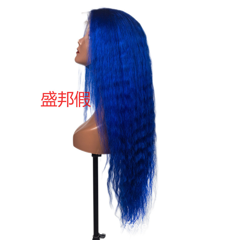 七彩色真人假发网帽一体13*4假发头套deep wave 蓝色详情1