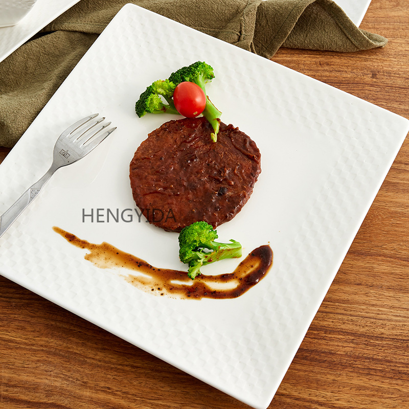 Square Chessboard Plate and Bowl Series Western Cuisine set: Steak plate, 6-inch ceramic salad bowl, rectangular pastry plate and tableware pic 5