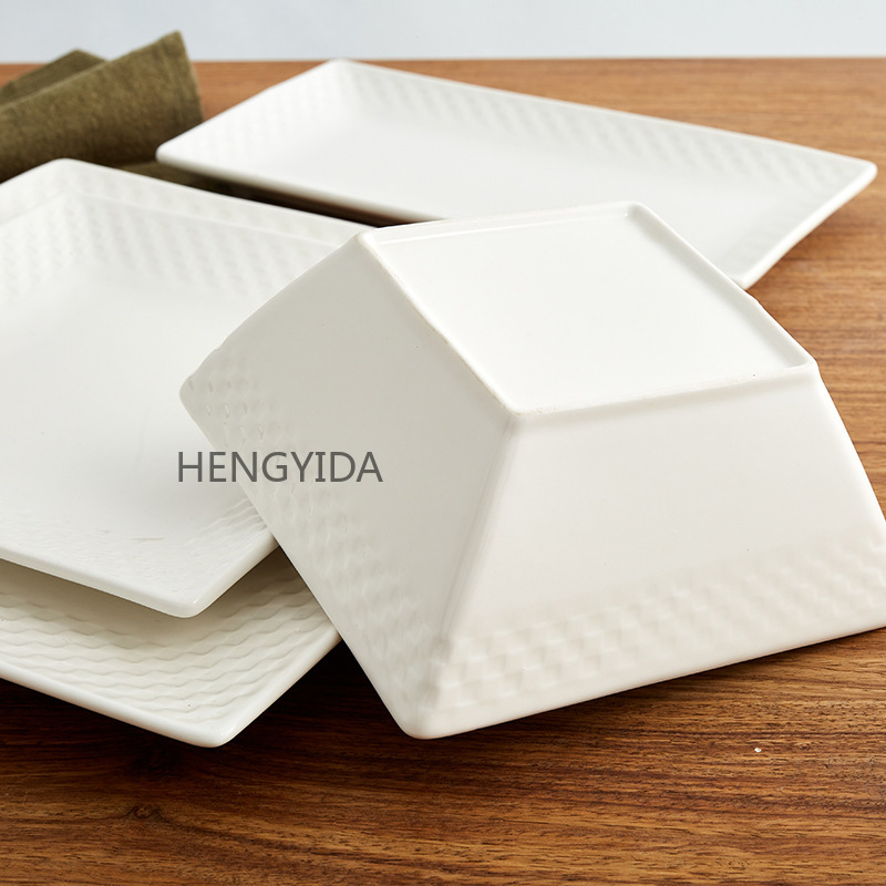 Square Chessboard Plate and Bowl Series Western Cuisine set: Steak plate, 6-inch ceramic salad bowl, rectangular pastry plate and tableware pic 6