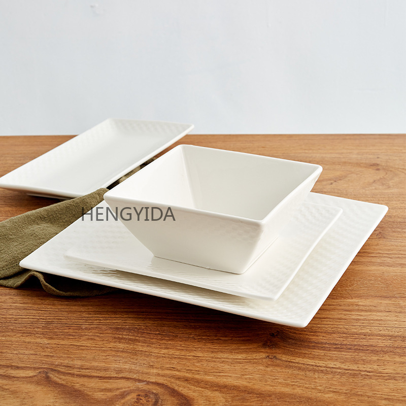 Square Chessboard Plate and Bowl Series Western Cuisine set: Steak plate, 6-inch ceramic salad bowl, rectangular pastry plate and tableware pic 3