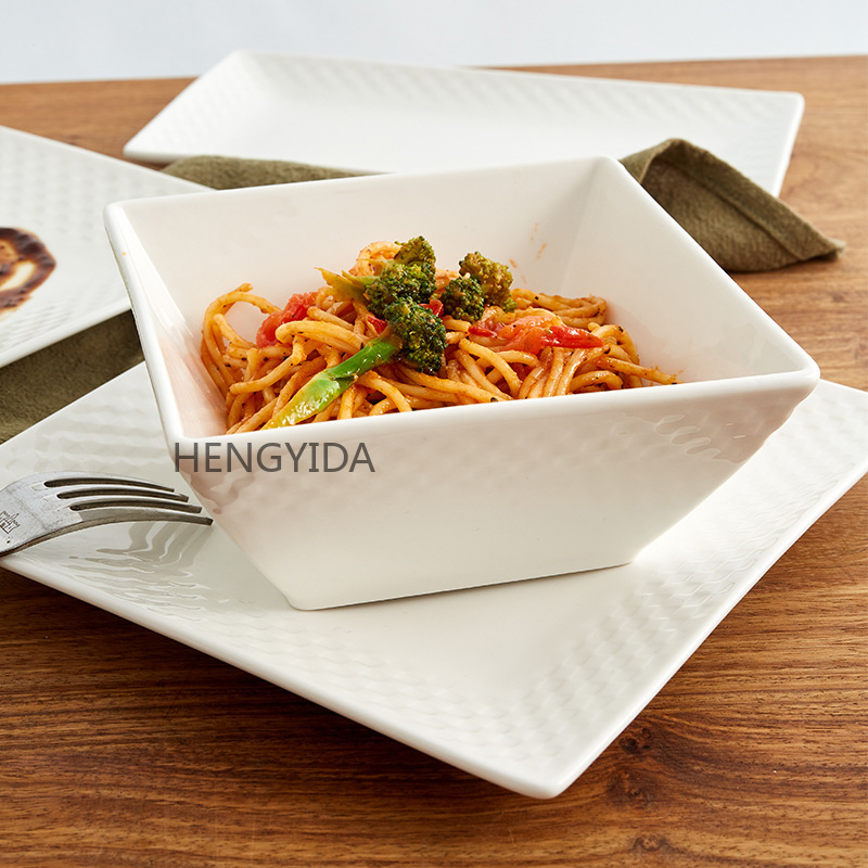 Square Chessboard Plate and Bowl Series Western Cuisine set: Steak plate, 6-inch ceramic salad bowl, rectangular pastry plate and tableware pic 4