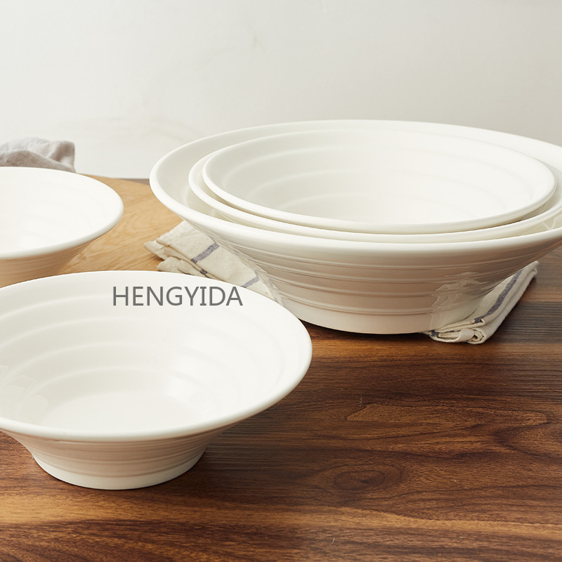 Japanese ramen bowl, ceramic bamboo hat bowl, large soup noodle bowl, white porcelain bowl, thickened large-mouth bowl, double-line horn pic 4
