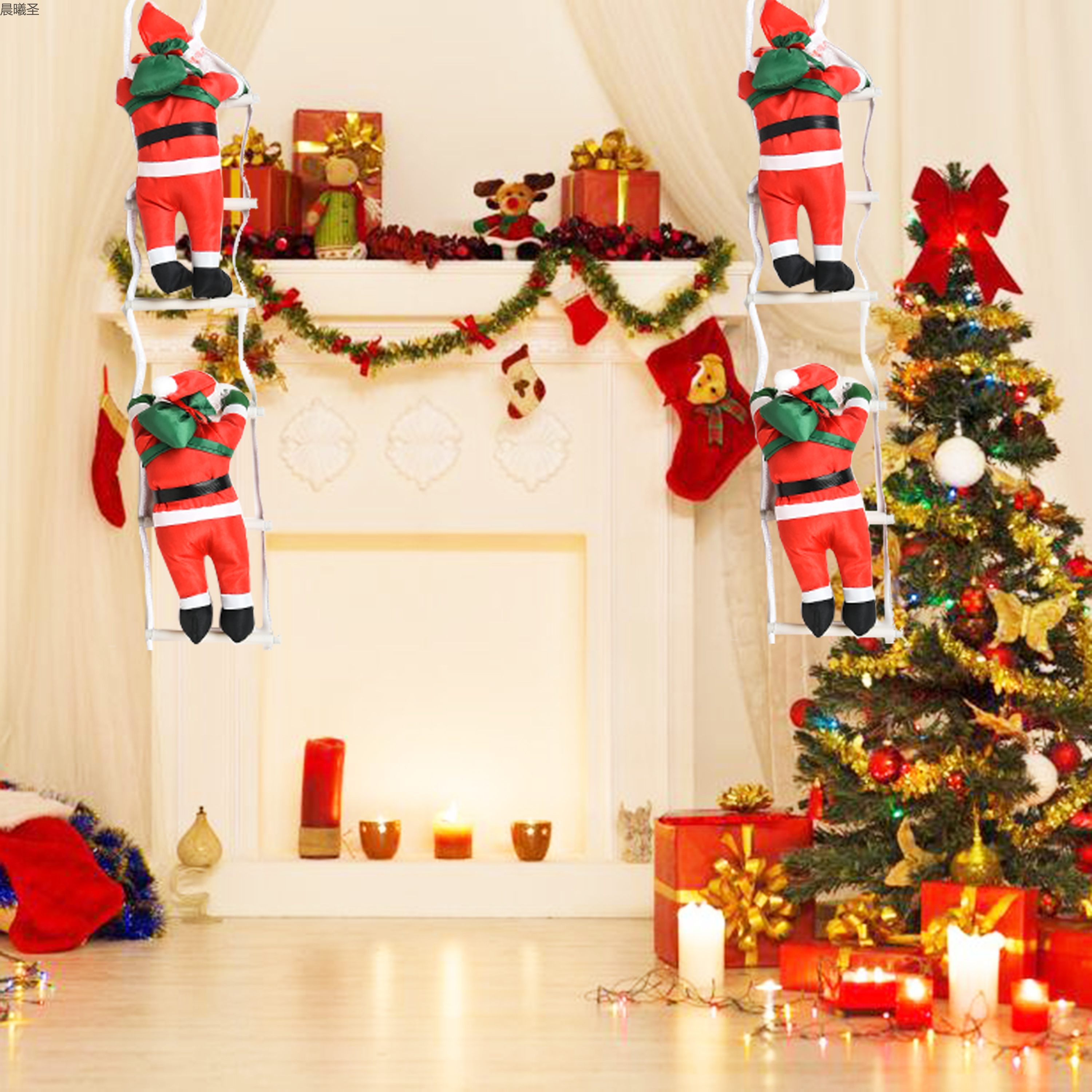 Cross-border Christmas pendant decoration, ladder, Santa Claus window display decoration, Santa Claus climbing ladder, 25cm two-person ladder