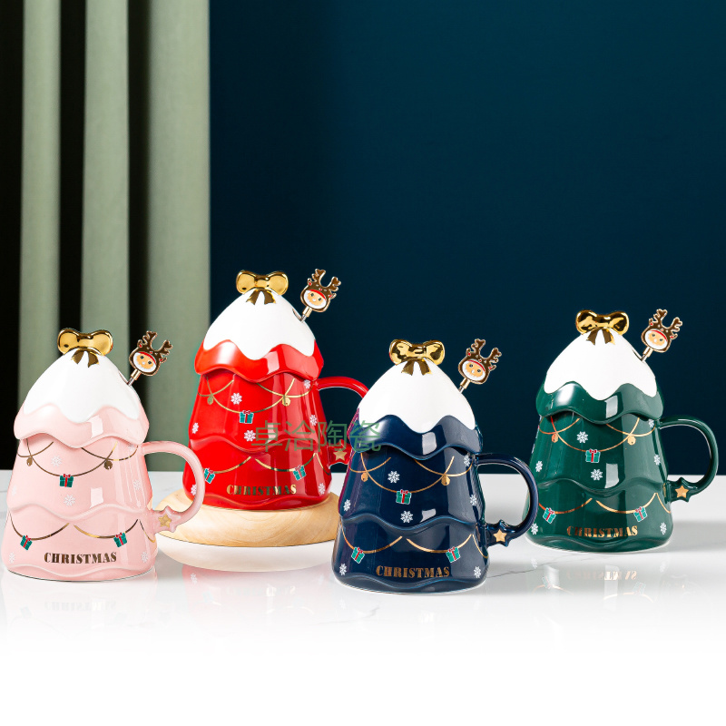 新款圣诞节礼物马克杯创意圣诞树陶瓷杯带盖勺家用早餐杯送礼卓洽0137
