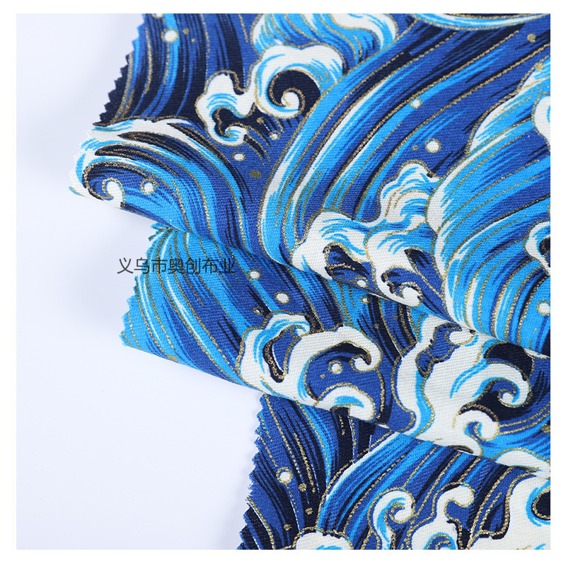 Japanese-style printed handcrafted patchwork clothing, fabric, DIY fabric, gold-embossed clothing, all-cotton tablecloth, wavy imitation linen, Japanese-style gold powder fabric, Japanese style pic 3