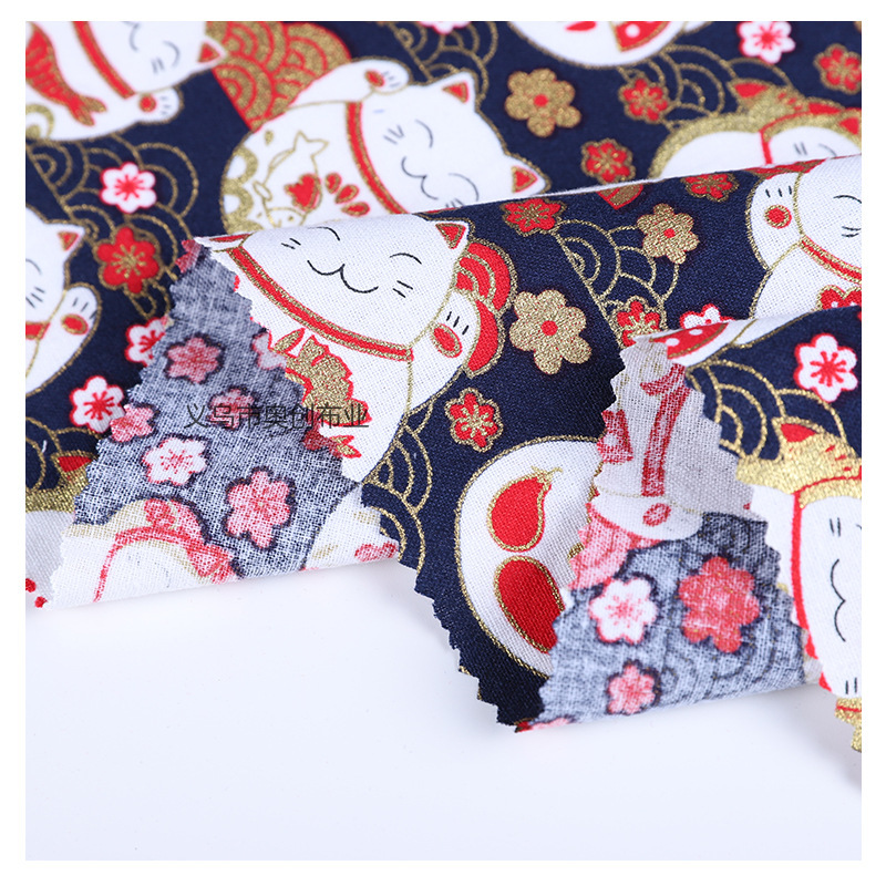 日式和风可爱卡通招财猫面料全棉烫金印花服装DIY工艺布料金粉布日系包包服饰手工拼布布艺详情5