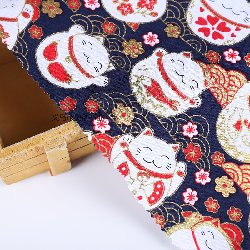 日式和风可爱卡通招财猫面料全棉烫金印花服装DIY工艺布料金粉布日系包包服饰手工拼布布艺详情4
