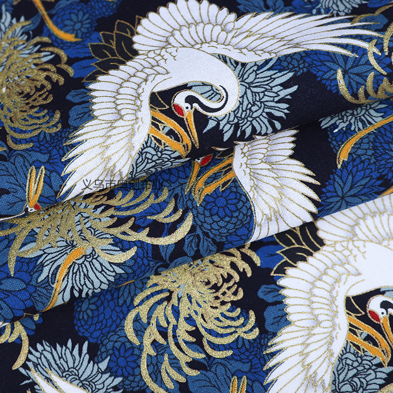 Crane printed clothing fabric, all-cotton gilded printed dress, ancient-style Hanfu DIY fabric, fabric art gold powder fabric, Chinese-style cheongsam clothing pic 2
