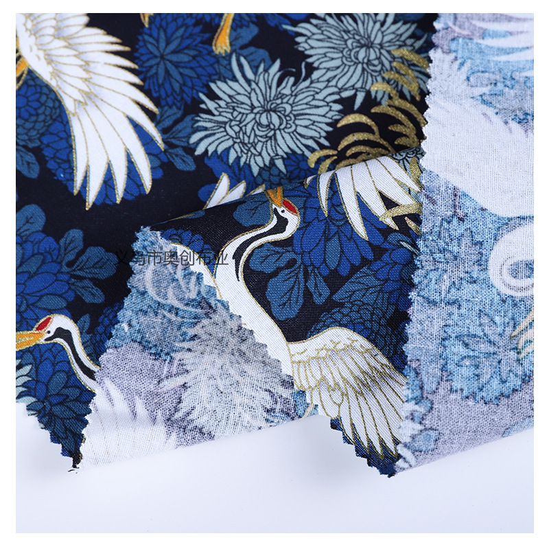 Crane printed clothing fabric, all-cotton gilded printed dress, ancient-style Hanfu DIY fabric, fabric art gold powder fabric, Chinese-style cheongsam clothing pic 3