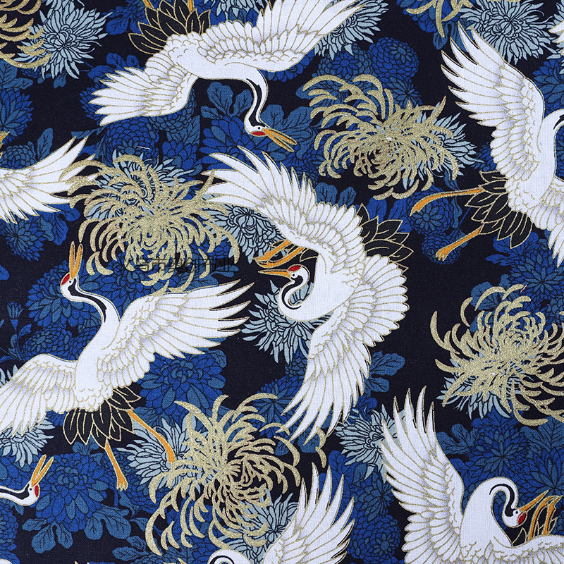 Crane printed clothing fabric, all-cotton gilded printed dress, ancient-style Hanfu DIY fabric, fabric art gold powder fabric, Chinese-style cheongsam clothing pic 4