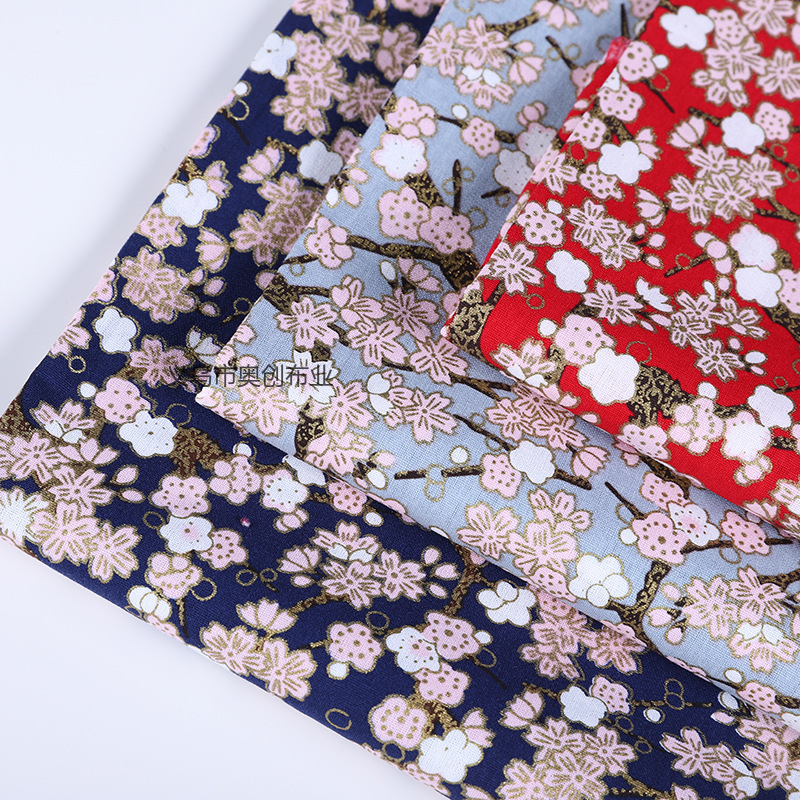 日系和风简约樱花碎花面料全棉烫金印花服装家纺DIY手工金粉布日式包包服饰手工拼布布艺布料详情1