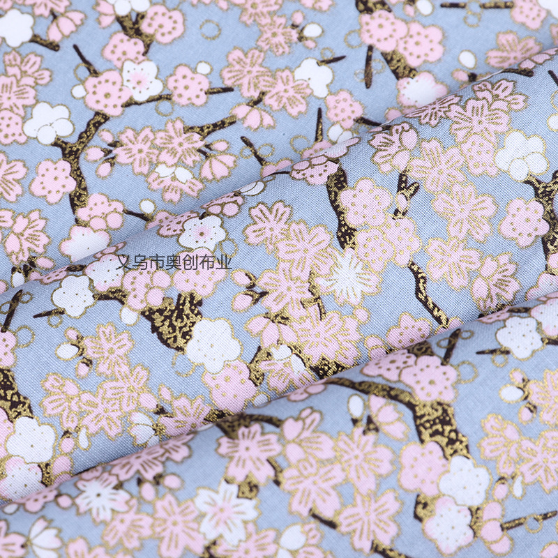 日系和风简约樱花碎花面料全棉烫金印花服装家纺DIY手工金粉布日式包包服饰手工拼布布艺布料详情2