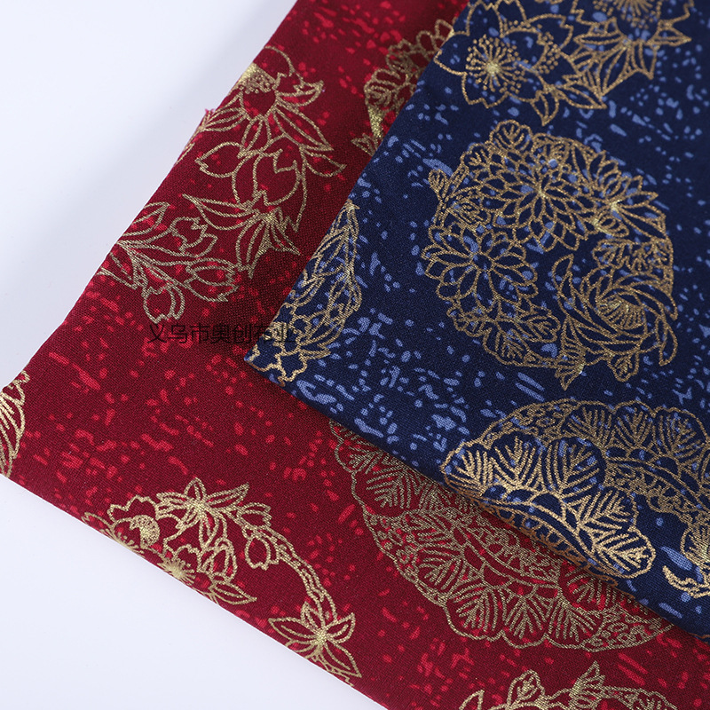 All-cotton, gold-embossed, flower-printed, handcrafted patchwork fabric for clothing, home textiles, tablecloths, DIY craft fabric, gold-powder fabric bags, fabric art pic 1