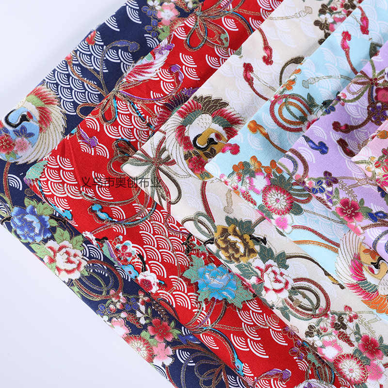 Chinese-style red-crowned crane retro printed fabric, all-cotton gilding printed clothing, DIY handcrafted patchwork decorative fabric, gold powder fabric, ancient-style Chinese trend Hanfu pic 1