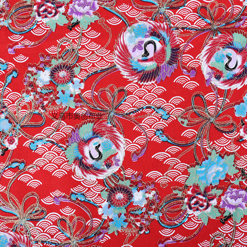 Chinese-style red-crowned crane retro printed fabric, all-cotton gilding printed clothing, DIY handcrafted patchwork decorative fabric, gold powder fabric, ancient-style Chinese trend Hanfu pic 9