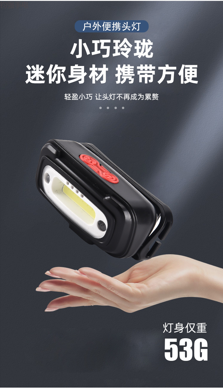 跨境新款COB小巧头灯 内置聚合物电池USB充电 轻便头灯 双开关 电量显示小头灯 双光源 白光+红光 挥手感应头灯详情5