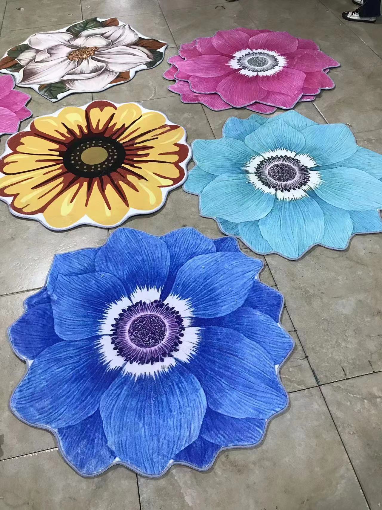 New flower-shaped floor mat, faux cashmere printed floor mat, large flower carpet, bedside mat, living room carpet, anti-slip mat, anti-slip dot plastic base pattern, style, fabric comfortable and soft, 100*100cm details Picture