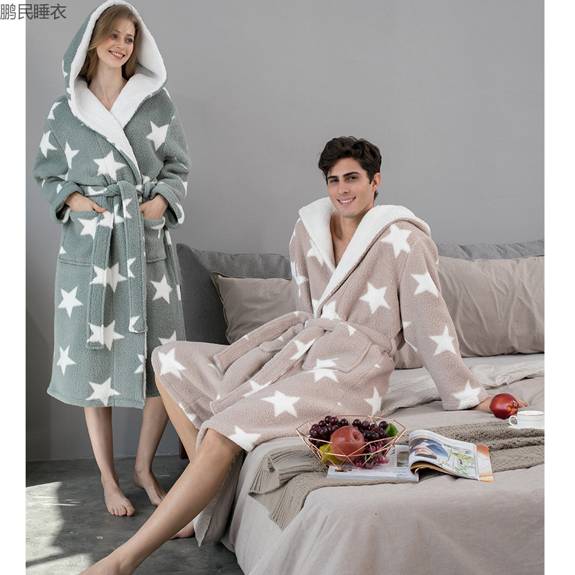 2023 New Can Wear Star Coral Velvet Pajamas For Men And Women Autumn And Winter Thick Couple Set Plus Flannel Bathrobe details Picture