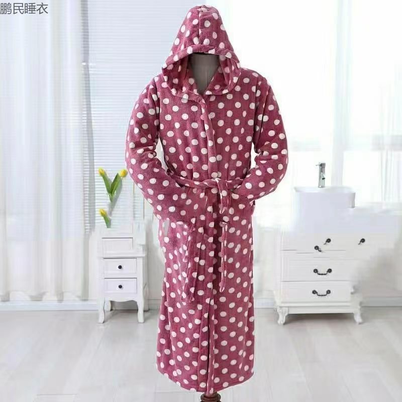 Polka Dot Hooded Bathrobe Nightgown Pajamas Women's Winter Thickened Flannel Bathrobe Spring And Autumn Plus Fleece Factory Direct Sales