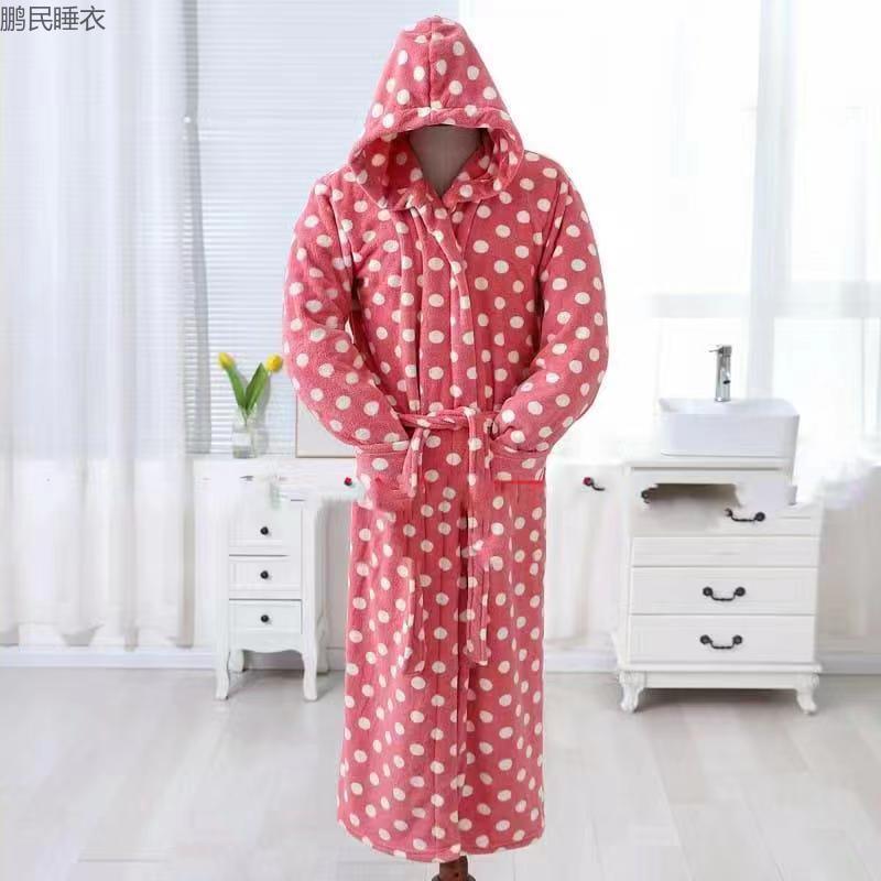 Polka Dot Hooded Bathrobe Nightgown Pajamas Women's Winter Thickened Flannel Bathrobe Spring And Autumn Plus Fleece Factory Direct Sales Application Scenario