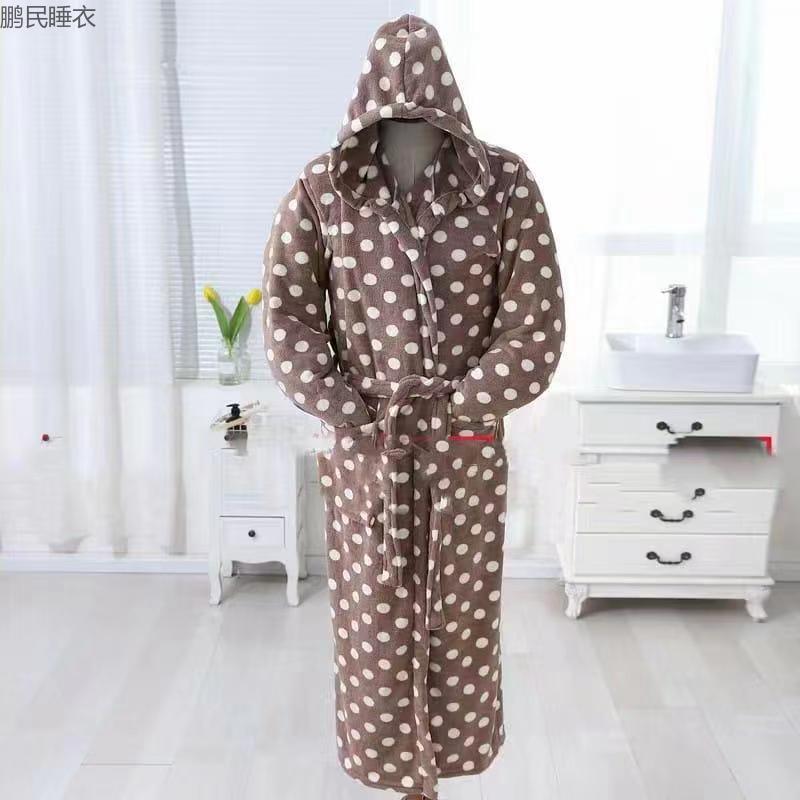 Polka Dot Hooded Bathrobe Nightgown Pajamas Women's Winter Thickened Flannel Bathrobe Spring And Autumn Plus Fleece Factory Direct Sales Specification drawing