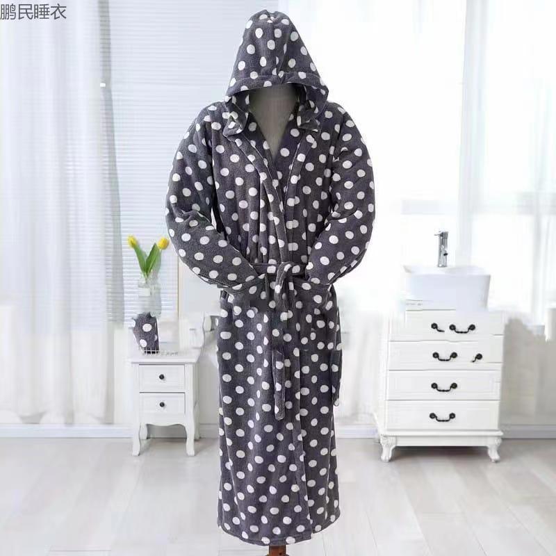 Polka Dot Hooded Bathrobe Nightgown Pajamas Women's Winter Thickened Flannel Bathrobe Spring And Autumn Plus Fleece Factory Direct Sales details Picture