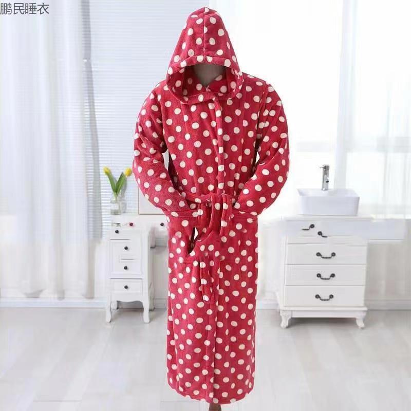 Polka Dot Hooded Bathrobe Nightgown Pajamas Women's Winter Thickened Flannel Bathrobe Spring And Autumn Plus Fleece Factory Direct Sales Item Picture
