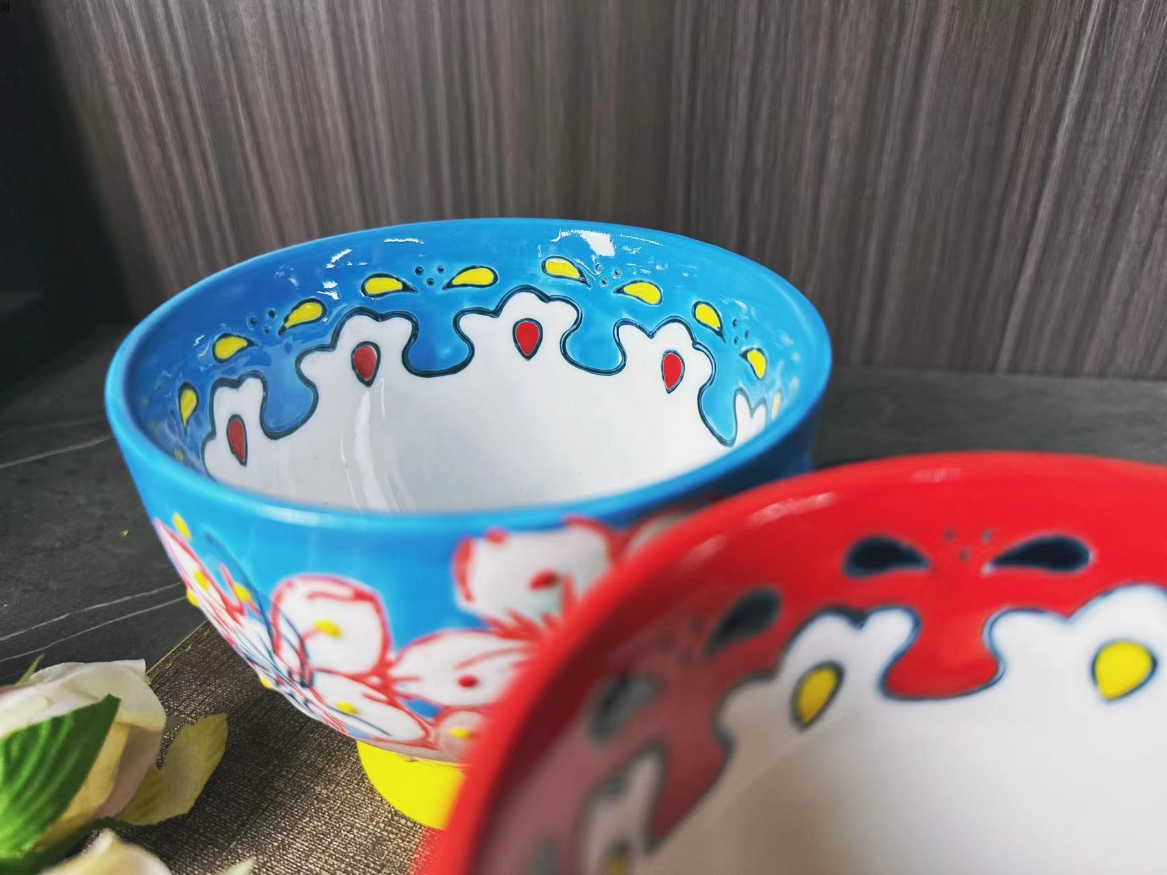 陶瓷手绘风延禧早餐杯带手柄撞色彩绘杯详情9