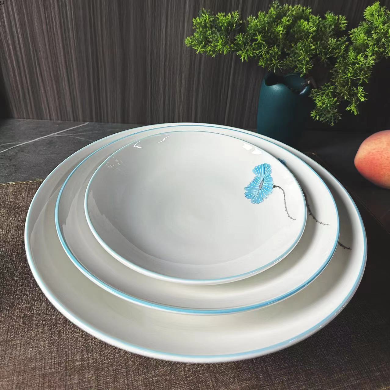 Blue Lotus Series High-end outlined and decked Ceramic small foot Bowl Set 8-inch, 10-inch, 12-inch thickened durable hotel use household hotel ceramics pic 1