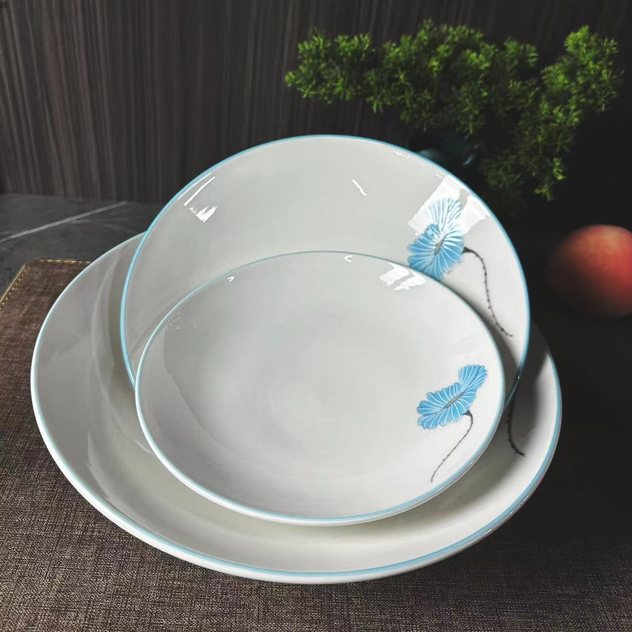 Blue Lotus Series High-end outlined and decked Ceramic small foot Bowl Set 8-inch, 10-inch, 12-inch thickened durable hotel use household hotel ceramics pic 4
