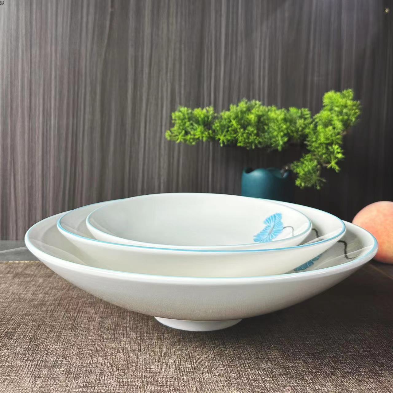 Blue Lotus Series High-end outlined and decked Ceramic small foot Bowl Set 8-inch, 10-inch, 12-inch thickened durable hotel use household hotel ceramics pic 3