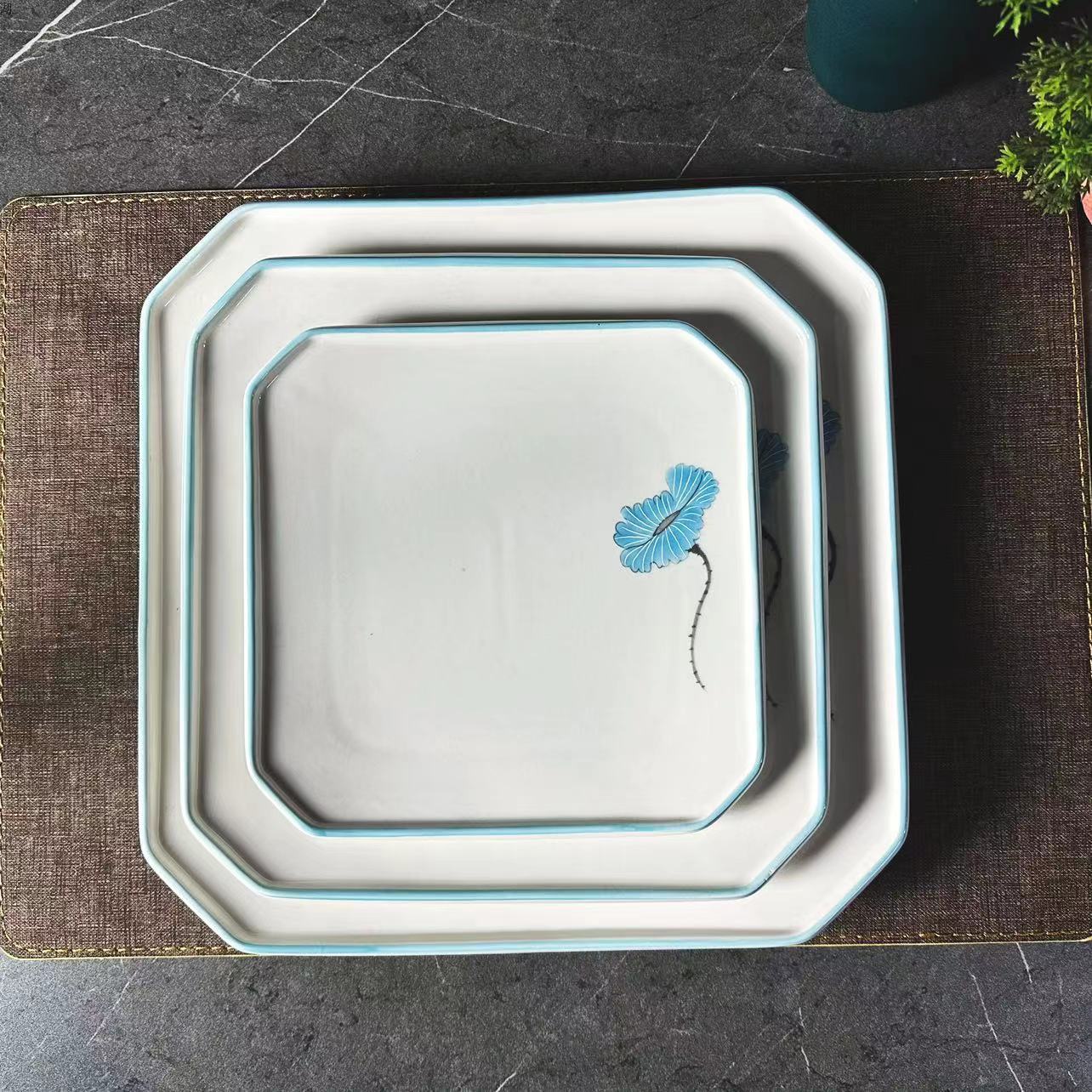 The Blue Lotus series of high-end ceramic octagonal square plates, 8-inch, 10-inch and 12-inch thickened and durable, are specially designed for home use in hotels and clubs pic 1
