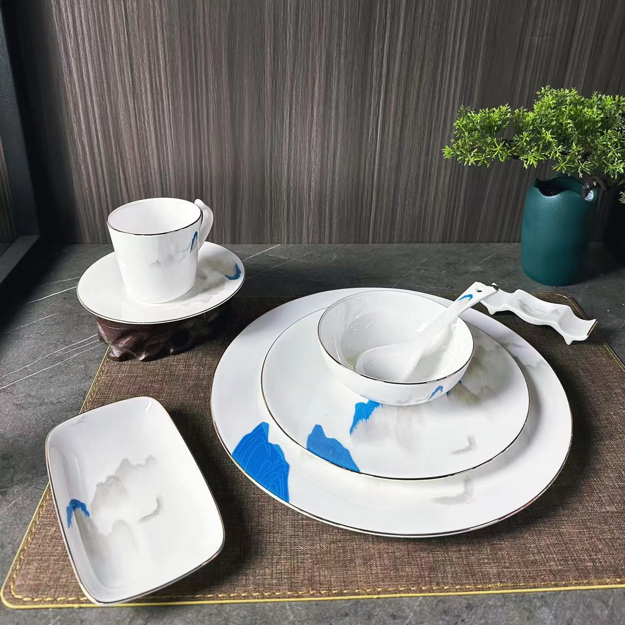 Tiangao yundim serie superior Phnom Penh porcelana hueso vajilla set estilo chino tinta China estilo nacional apliques impresión para el hotel pic 8