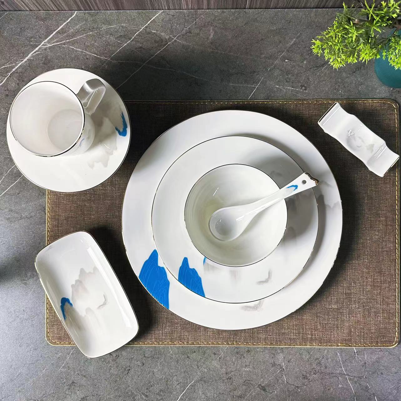 Tiangao yundim serie superior Phnom Penh porcelana hueso vajilla set estilo chino tinta China estilo nacional apliques impresión para el hotel pic 7