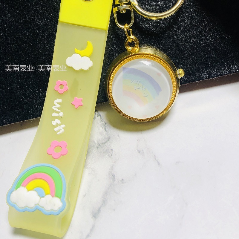 New flip pocket watch, Kawaii Rainbow student keychain watch, creative rotating cartoon quartz watch Item Picture