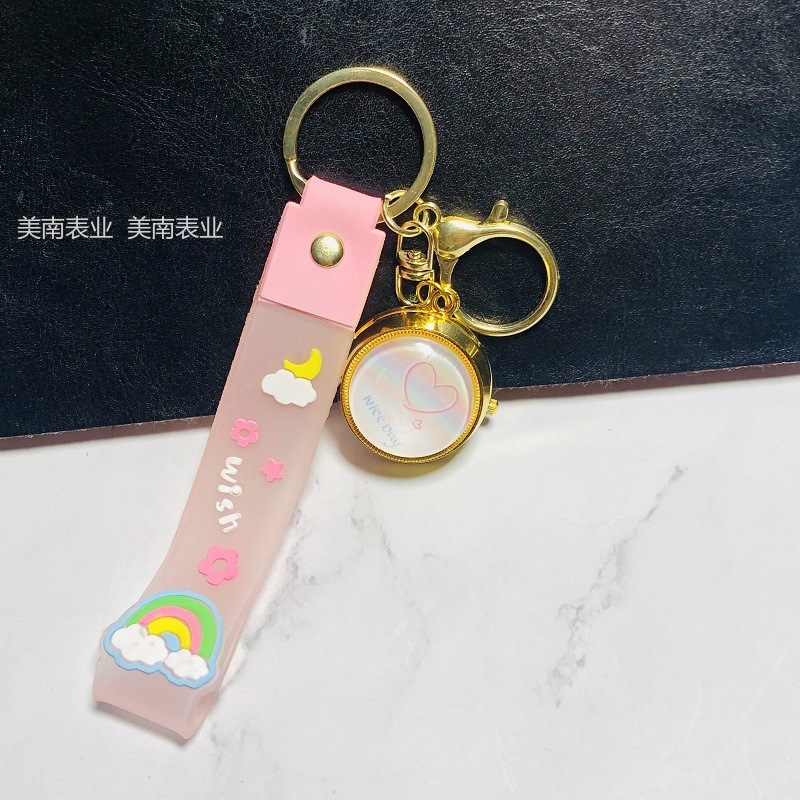 New flip pocket watch, Kawaii Rainbow student keychain watch, creative rotating cartoon quartz watch details Picture