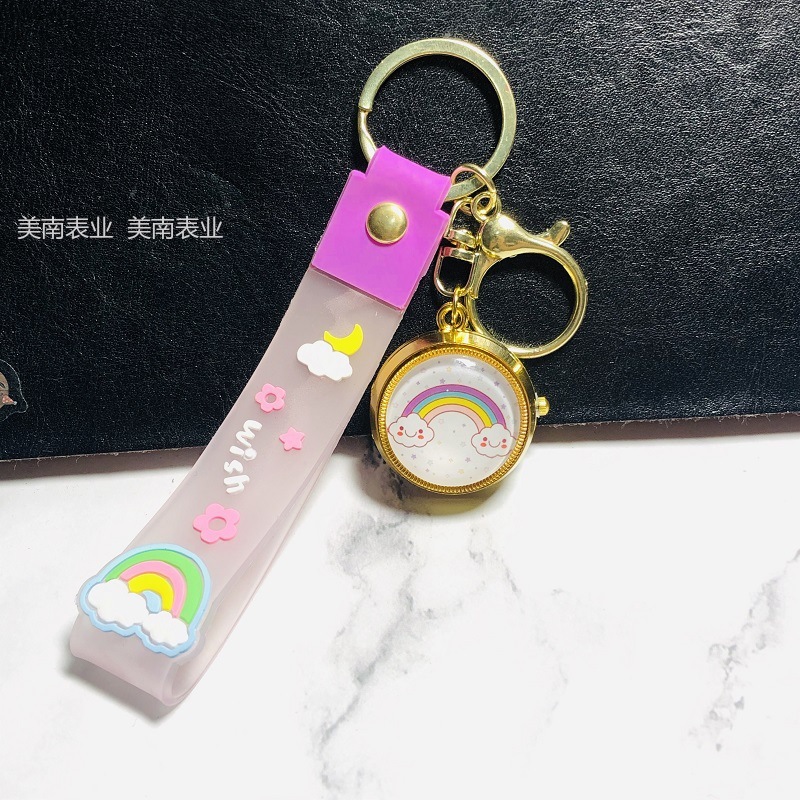 New flip pocket watch, Kawaii Rainbow student keychain watch, creative rotating cartoon quartz watch